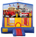 Fire Truck modular banner with a vintage engine, a ladder truck and firefighters outside the station, mounted on a modul