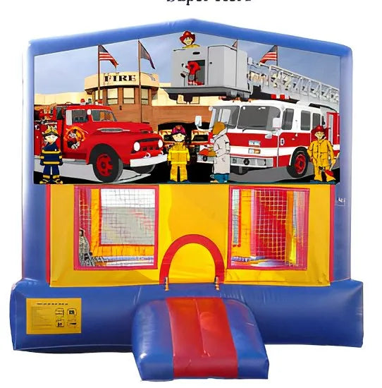Fire Truck modular banner with a vintage engine, a ladder truck and firefighters outside the station, mounted on a modul