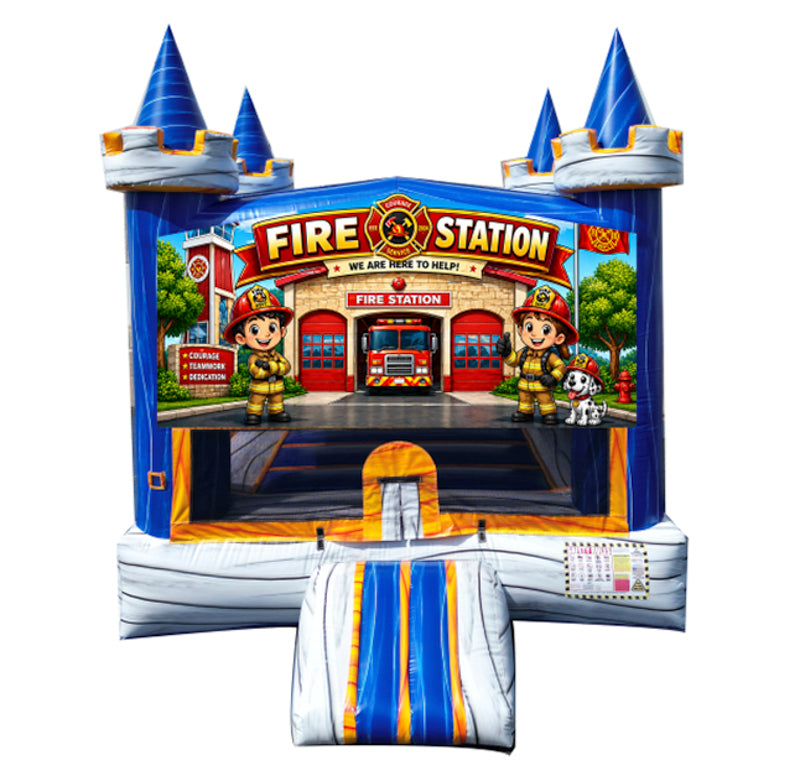 Fire Station modular banner with two child firefighters, an engine and a dalmatian, mounted on a modular jumper
