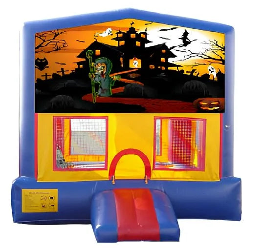Halloween modular banner with a haunted house at sunset, witch, ghosts, bats and a scarecrow, mounted on a modular jumpe