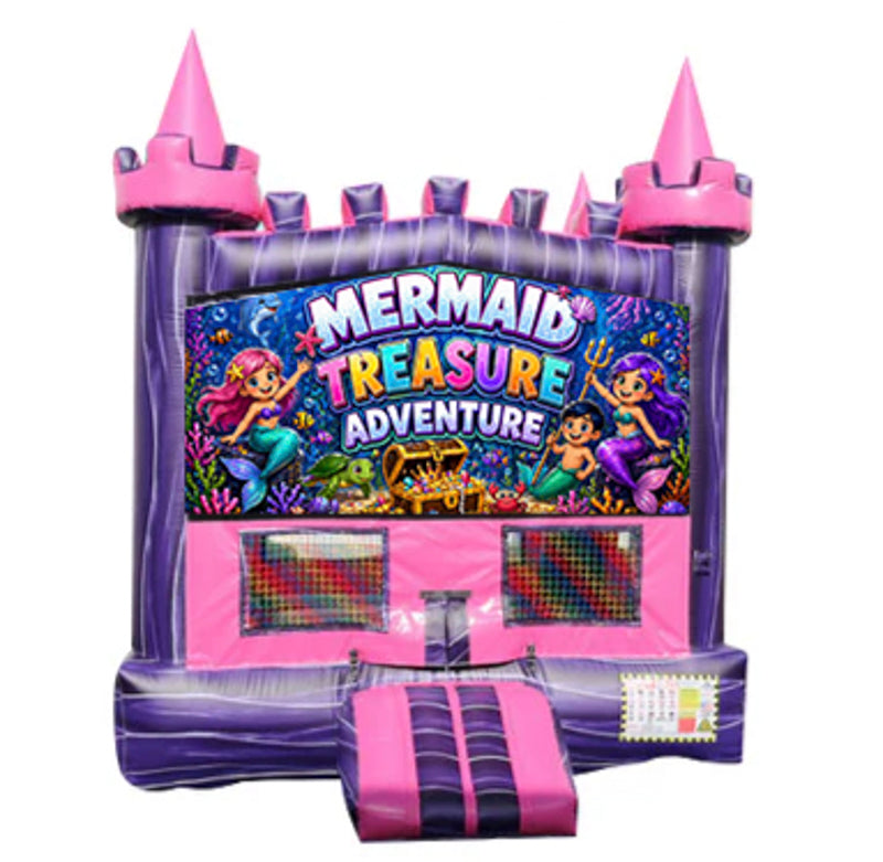 Mermaid modular banner with mermaids, a sea turtle, coral and a treasure chest, mounted on a modular jumper