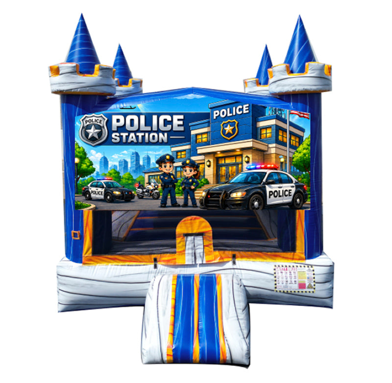 Police Station modular banner with a station house, two patrol cars and officers, mounted on a modular jumper