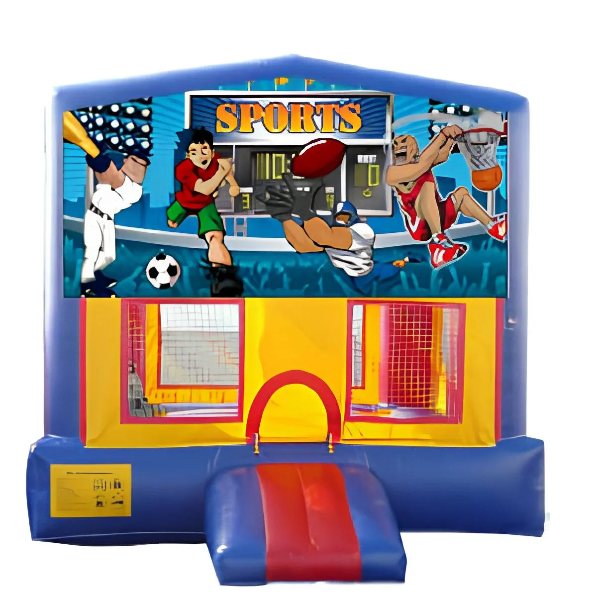 Sports Theme modular banner with a baseball batter, soccer player and basketball dunk, mounted on a modular jumper